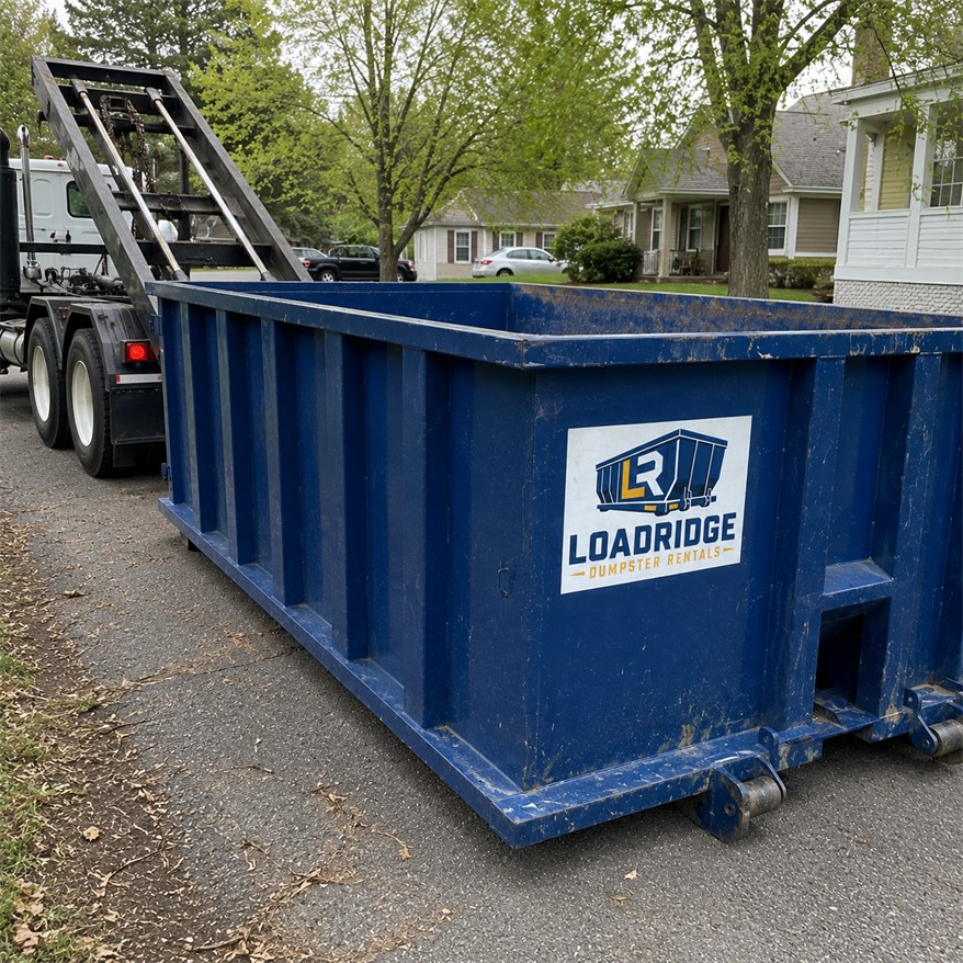 Loadridge roll-off dumpster and service truck ready for a local rental project